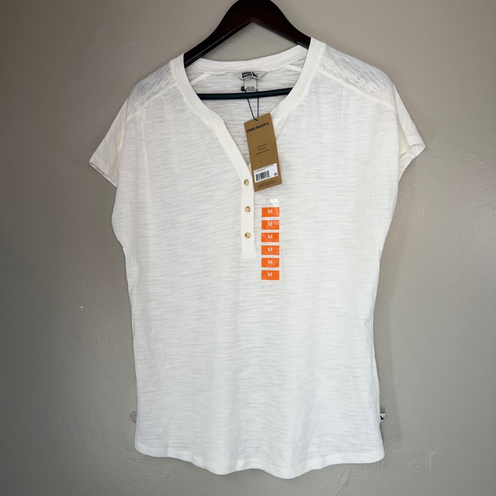 Eddie Bauer Womens White Henley Top Short Sleeve Embroidered Slub Knit M NWT